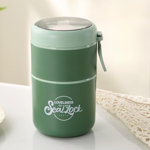 Image of 2 Compartment Stainless Steel Lunch Box with Spoon | 780ml Leak Proof Insulated Food Jar | 304 Steel Thermal Tiffin for Office, School, Travel (2 Copmaprtment Green with Spoon)