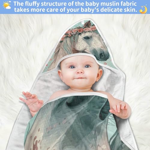 Image of YETTASBIN Horse Baby Towel, Ultra Soft Absorbent Cotton Baby Hooded Bath Towel for Newborn Baby Boy Girl, Toddler, Infant Registry Gift - 30 x 30 Inch