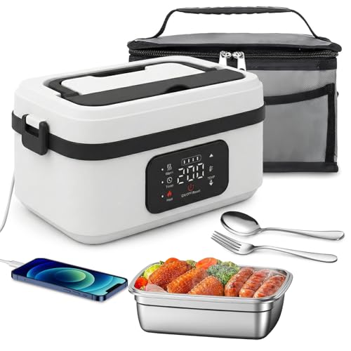 Gamelle Chauffante Batterie, Electrique Lunch Box Chauffante Rechargeable avec Chauffage Programmable, 1L Acier Inoxydable Boite Chauffante Repas avec Couverts...