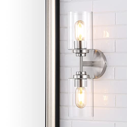 Image of JONATHAN Y 16 inch Nickel /Clear Farmhouse 2-Light Wall Sconce, Industrial Vanity Light for Bathroom Mirror, Entryway, Hallway, Clear Glass Cylinder Shades, LED Bulbs (JYL9548C)