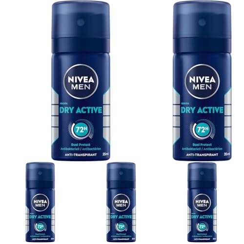 NIVEA MEN Dry Active Deo Spray Reisegröße, Deodorant mit 72h Anti-Transpirant-Schutz für ein trockenes Hautgefühl, antibakterielles Deospray ohne Ethylalkohol (35 ml) (Packung mit 5)