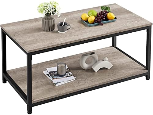 Yaheetech 2-Tier Industrial Wood Coffee Table, Cocktail Table Center Table with Open Storage Shelf for Living Room, Vintage Accent Furniture Table with Metal Frame, Easy Assembly, Gray