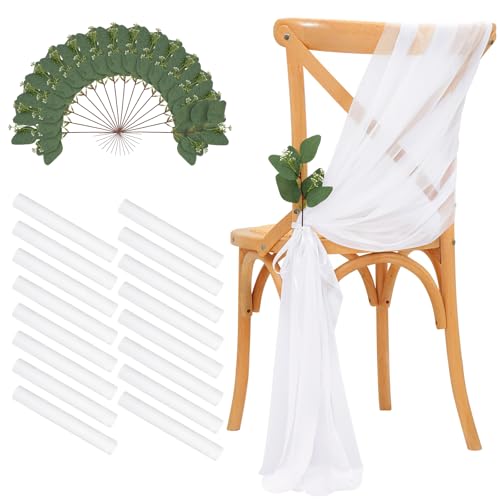 DazzWed Paquet de 16 Housses de Chaise Mariage Blanc 26x240cm - nœuds de Chaise en Tissu Tulle décoration de Chaise écharpes de Chaise en Mousseline de Soie...