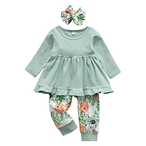 Toddler Baby Girl Clothes Solid Color Long Sleeve Ruffle Tops Flower Pants Bow Headband Outfits Set, Green, 12-18 Months Cover