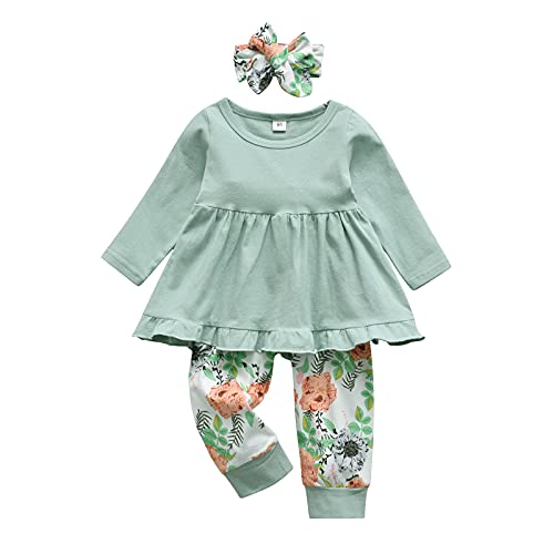 Kulcerry Toddler Baby Girl Clothes Solid Color Long Sleeve Ruffle Tops Floral Pants Headband Outfits Set (2-3T, Green