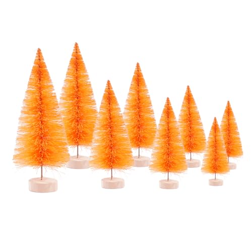 JStnana 8Pcs Orange Bottle Bursh Trees, Mini Artificial Christmas Tree Frosted Sisal Trees with Wooden Base Vintage Mini Xmas Tree for Christmas New Year Winter Holiday Party Home Table Craft Decor
