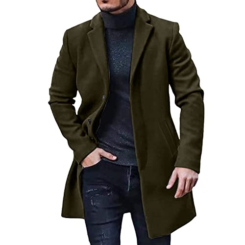 Mens Wool Blend Pea Coat Notched Collar Single Breasted Solid Overcoat Thermal Winter Stylish Trench Coat