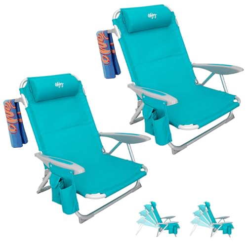WEJOY Lightweight Low 2 Pack Beach Chair for Adults, 4-Position Aluminum Folding Camping Chairs with Backpack Strap, Cup Holder and Padded Headrest, Supports 265lbs for Lawn Outdoor Cyan