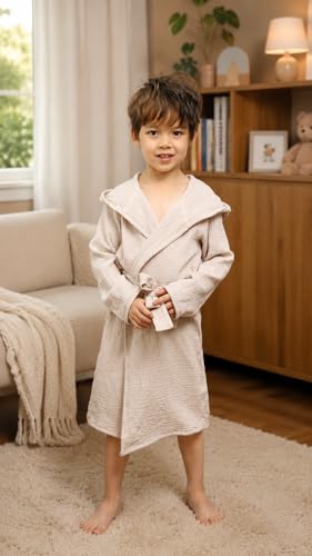 Image of TADO MUSLIN Organic Cotton Toddler Bathrobe, Soft and Breathable Baby Robe for Kid, Boy& Girl Hooded Robe Muslin