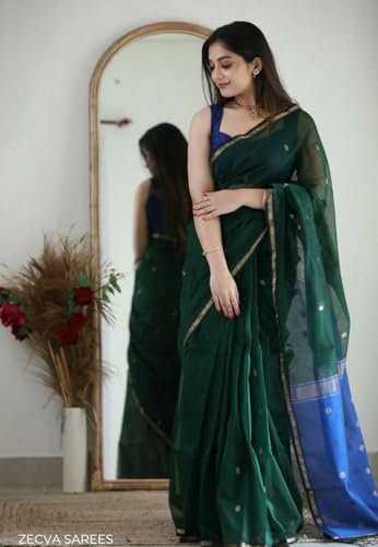 Image of ZECVA Women's Pure Soft Spun Cotton Lichi Silk Saree For Women With Attach Unstitch Blouse Piece