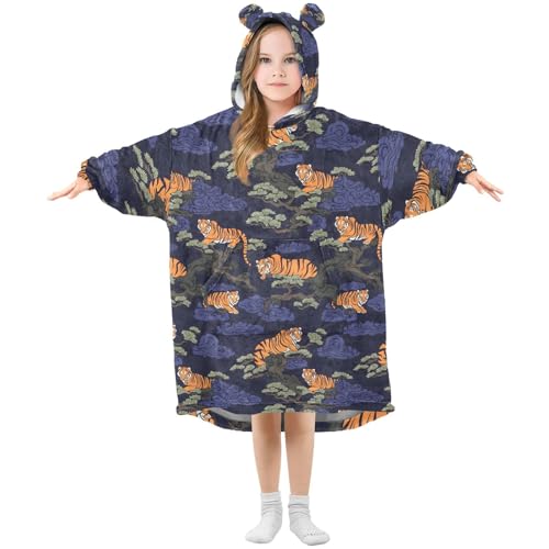 Couverture à capuche pour enfants sweat polaire chaude surdimensionnée motif tigres et nuages