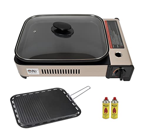NJ Camping Gas BBQ Grill Plate Non-stick Deep Dish Pan Butane Stove Portable Cooker Glass LID (Gas Grill + 2 Canisters)