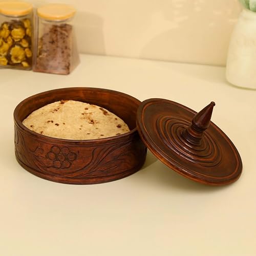 Image of HandmadeWood Roti Box with Lid | Enamel-coated Chapati Box for Serving & Storage | Wooden Hot Pot Casserole Dabba for Bread, Snacks, and Roti (22.5W) 22.5L 12.5H Natural