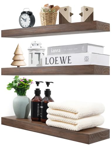 Dushikent Wood Floating Shelves for Wall Set of 3, 22 Inch Rustic Walnut Floating Shelves Wall Mount, Solid Wooden Bathroom Floating Shelves for Kitchen, Bedroom, Living Room