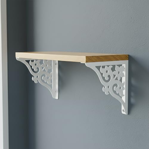 Image of Wall Shelf with Wooden Top Black|White Iron Brackets Storage Rack|Industrial Wall-Mounted Floating Shelf for Living Room,Kitchen,Bathroom (White Triple Floral Small)