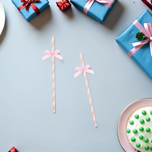 Pitillos desechables de papel rosa con moño creativo miniatura 4