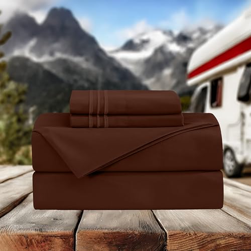 Image of Elegant Comfort Luxurious 1500 Premium Hotel Quality Microfiber Three Line Embroidered Softest 4-Piece Bed Sheet Set, Wrinkle and Fade Resistant, RV Short Queen, Brown