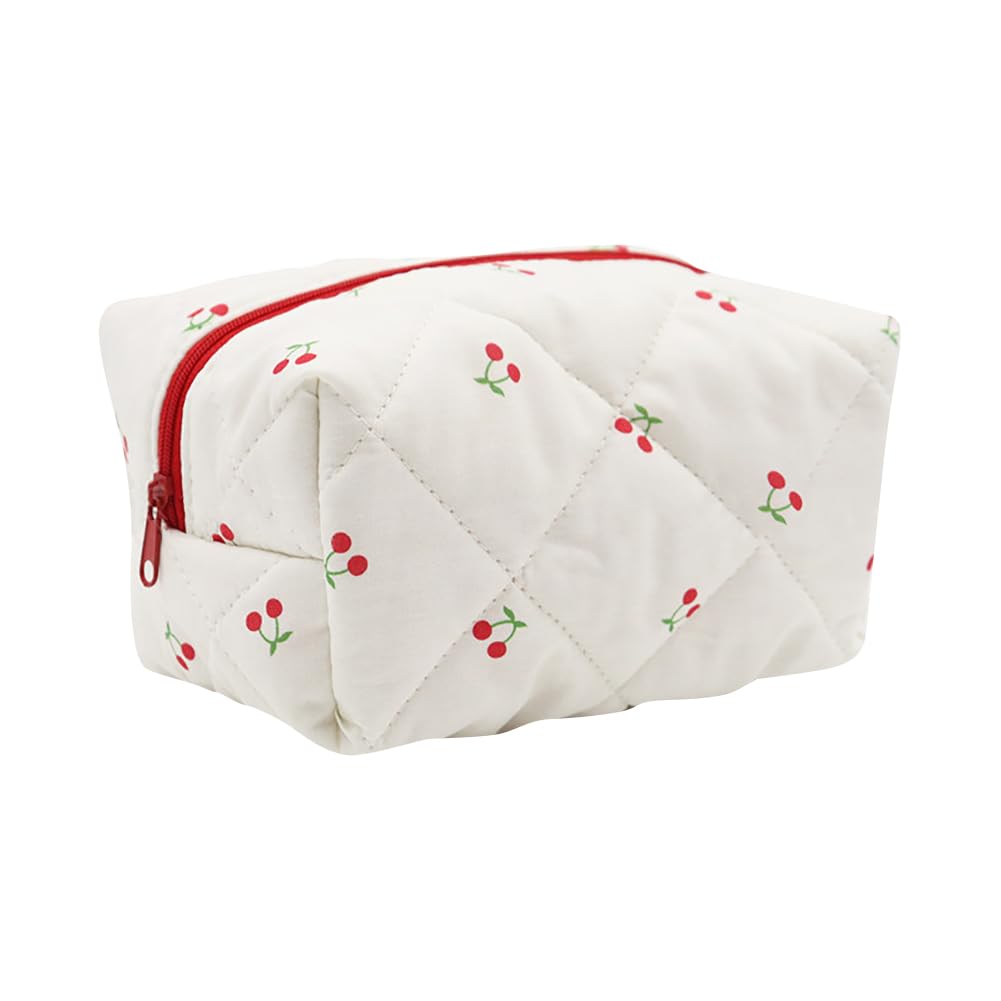 Hugede Women's White Red Cute Cherry Makeup Bag Cloth Quilted Cosmetic Bag Large Travel Toiletry Storage Bags Makeup Brushes Zipper Pouches Portable Toiletries Organizer Pouch