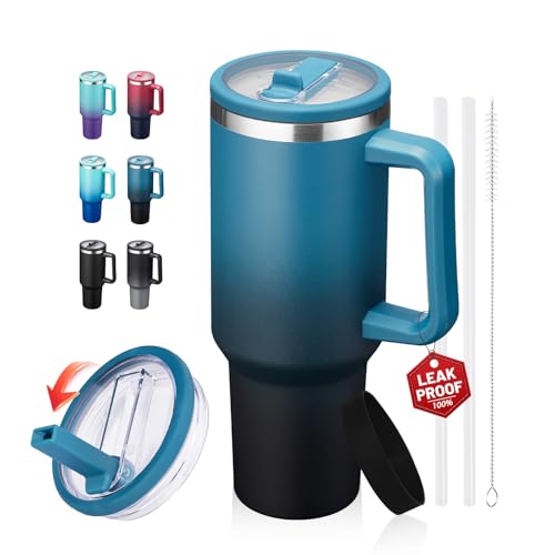 Image of 40 oz Leak-Proof Travel Tumbler with Handle & Flip Straw - Insulated Stainless Steel Mug Keeps Drinks Cold 34 Hours & Hot 10 Hours, Water Bottle Fits Car Cup Holder for All-Day Hydration at Work, Gym