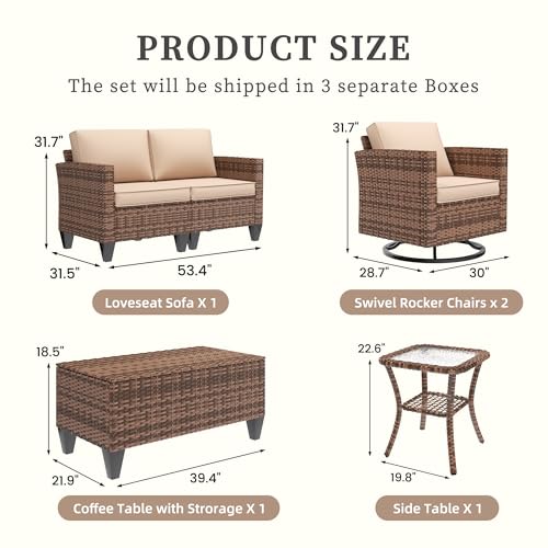 Image of UDPATIO Patio Furniture Set, 5 Pieces Outdoor Furniture Sets with Rocking Swivel Chairs, Wicker Rattan Patio Conversation Set with Storage Table and Waterproof Covers for Backyard Deck Porch, Khaki