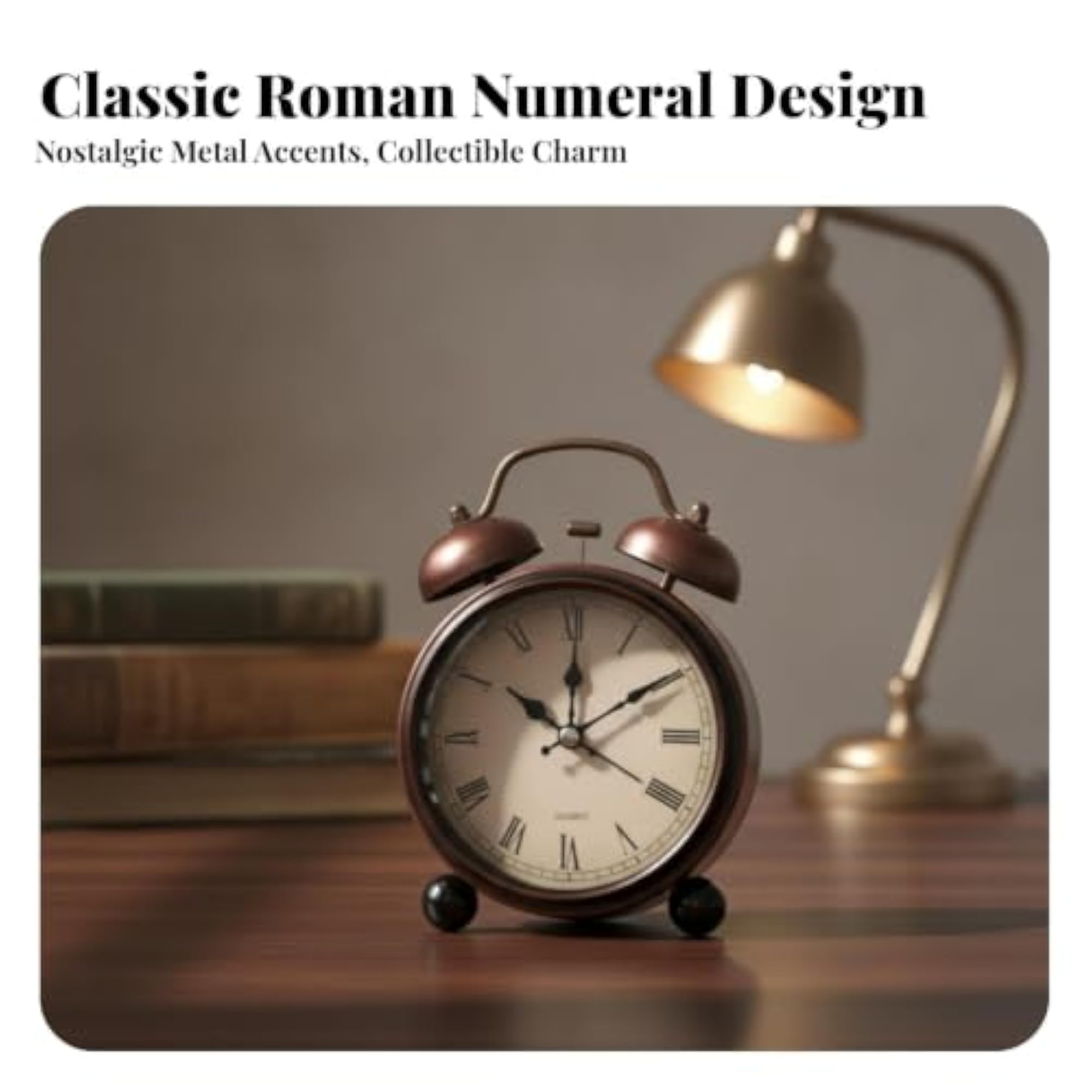 Copper-Toned Rim Vintage Alarm Clock, Round Dial