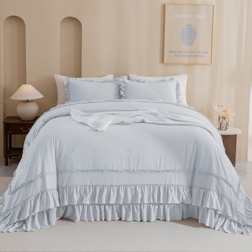 Image of QSH Light Blue Ruffle Oversized King Comforter 128x120,3PCs Farmhouse Shabby Vintage Chic Ruffled Bed Comforter Set French Country Rustic California King Bedding Comforter Set Soft and Lightweight