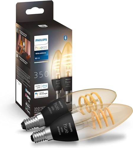 Philips Hue White Ambiance Filament smarte E14 LED Lampe dimmbar 350lm alle Weißschattierungen steuerbar via App kompatibel mit Amazon Alexa (Echo Echo Dot) Klar 2er Pack