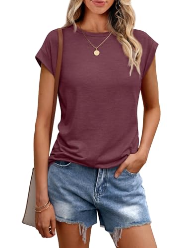 Cuptacc T-Shirt Damen Tops Sommer Rundhals Oberteile Damen Elegant Basic Bluse Kurzarm Business Outfit WineRed XL 46-48