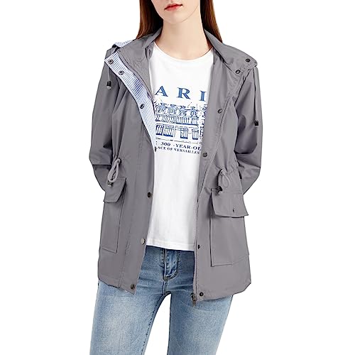 Modful Womens Lightweight Jackets Waterproof Rain Jacket Windbreaker Outdoor Trench Coats With Hood (Grey, Medium) #TOP4