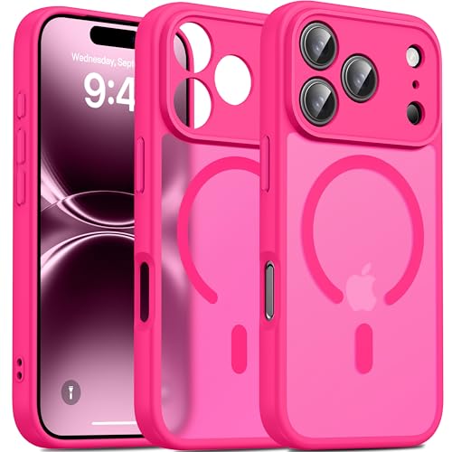 Image of Oterkin Magnetic for iPhone 17 Pro Case Matte, Upgraded Full Camera Protection Compatible with MagSafe Frosted Translucent Shockproof Anti-Scratch Slim Fit Case Military Grade Protection (Hot Pink)