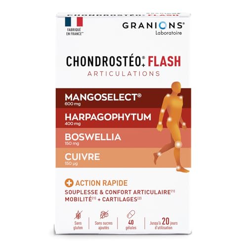 GRANIONS Chondrostéo+ Flash Articulations - 40 Gélules = 10 Jours - Mangoselect (Garcinia Mangostana), Boswellia, Harpagophytum - Confort Articulaire -...
