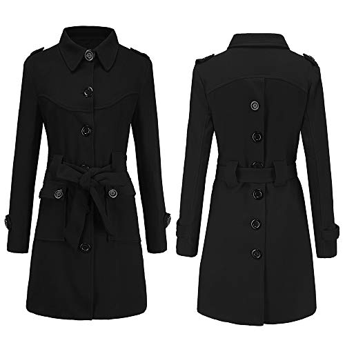 Pervobs Women Winter Warm Woolen Coat Elegant Trench Parka Jacket Belt Button Pocket Overcoat Outwear(8, Black)