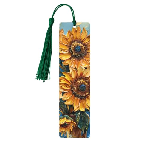 油絵 ひまわりプリント タッセル付き木製しおり 5個 読書ページマーカー ブックマーク 男性女性へのギフトに