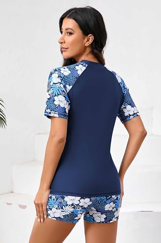 Halcurt Women Short Sleeve Two Piece Rash Guard Set UPF 50 Swim Shirt with Board Shorts4