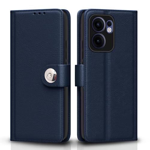 Image of Pikkme Flip Cover Leather Finish | Inside TPU with Card Pockets | Wallet Stand and Shock Proof | Complete Protection Button Flip Case for Oppo Reno 13F 5G(Blue)