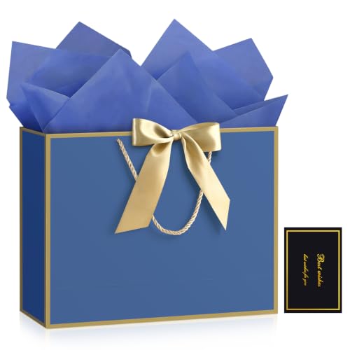 Image of JMANNI Gift Bags with Handles, 14.6 inch Large Gift Bags with Tissue Paper | 1 Pcs Blue Gold Bag, 2 Tissue Paper and 1 Cards, for Baby Shower, Wedding Bridal Shower, Birthday Party