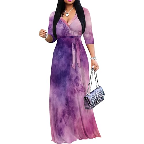 Image of PinkPatty Plus Size Maxi Dress for Women 3 /4 Sleeve Casual Long Dress | Soft stretchy fabric, functional pockets, flattering wrap v neck for vacation, casual wear and everyday styling