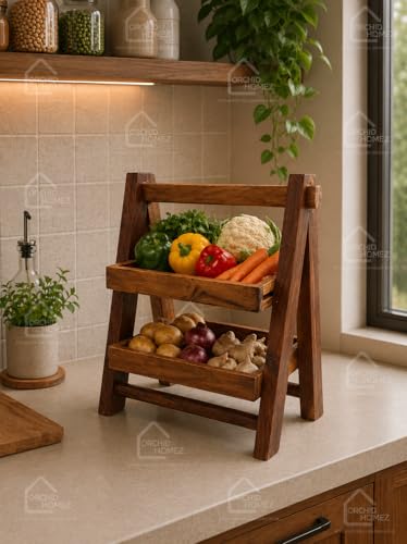 Image of Solid Wood 2-Tier Kitchen Organizer | Acacia Wood Vegetable & Fruit Storage Rack | Onion & Potato Basket Stand | Pre-Assembled