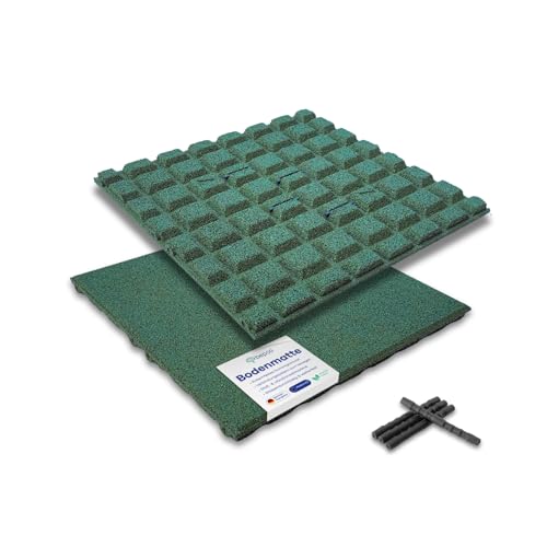 bepco Fallschutzmatte 4er Set - Gummimatte, Bodenmatte, stoßdämpfend & rutschfest, mit 16 Verbindungsstiften, aus recyceltem Gummi, für Wege/Terassen/Spiel &-Sportanlagen (Grün, 50 x 50 x 2,5cm)