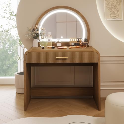 Image of JIVOIT 39 inch Vanity Table with Mirror, Makeup Vanity Table with Removable Mirror, Dressing Table with Drawer, Curved Edges and Elegant Design, Modern Dressing Table Desk for Bedroom