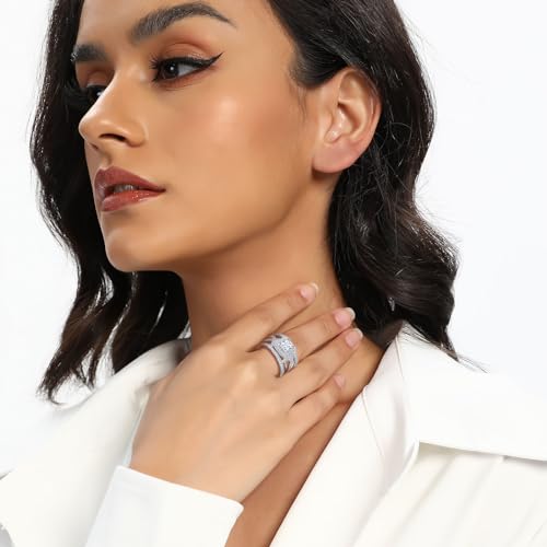 MDFUN Three-In-One Square Wedding Engagement Ring,18K Gold Plated Cubic Zirconia Promise Eternity Ring Set for Women2