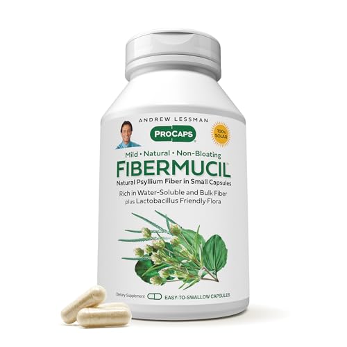 ANDREW LESSMAN Fibermucil 180 Capsules -Psyllium Husk Powder. Gently Promotes Regularity and Digestive Health. Rich in Fiber. Gentle, Easy, Effective. No Additives. Small Easy to Swallow Capsules