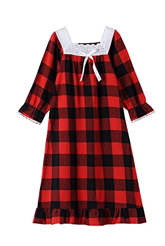 Girls' Flannel Classic Plaid Pajamas with Long Sleeve Nightgown Sleepwear Dress 3-13Years2