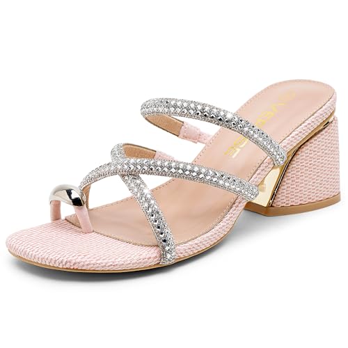 Vepose Women's Sparkly Chunky Block Heels - Comfortable Square Toe Slip On Rhinestone Strappy 3 Inch Shoes for Wedding Prom Formal Dressy Casual Daily Wear 6122