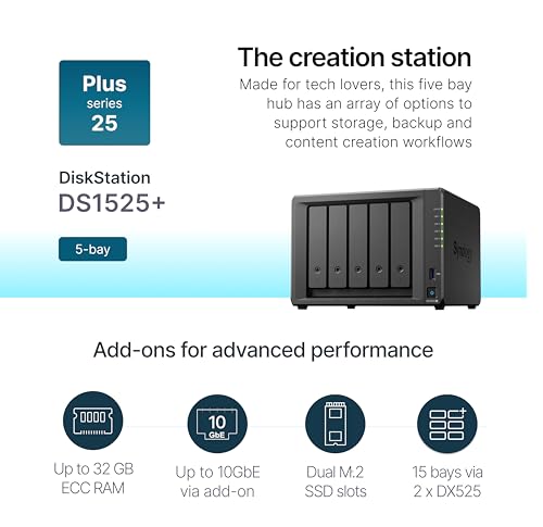 Image of Synology DS1525+ Video Editing & Production Server - Scale to 300TB, 10GbE Ready & Multi-User Workflows (5-Bay Diskless NAS)