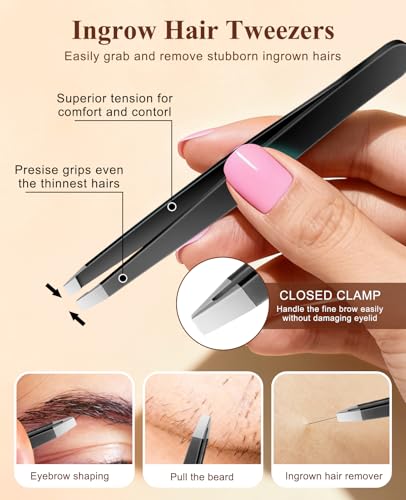 Tweezers Set for Women and Men Facial Hair, Precision Tweezer for Eyebrows with Curved Scissor and Eyebrow brush for Ingrown Hair with Leather Travel Case (Black)
