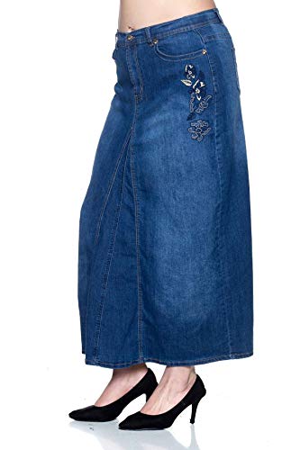 Women's Plus Size Mid Rise A-Line Long Jeans Maxi Denim Embroidered Skirt3