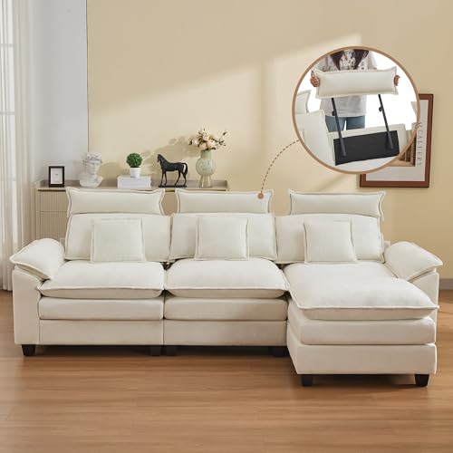 Image of 103'' Cloud Modern 3 Seater Couch with Detachable Headrest, Modular Sectional Sofa with Ottoman, Oversized L Shape Chenille Comfy Sofa with Armrests for Living Room, Beige