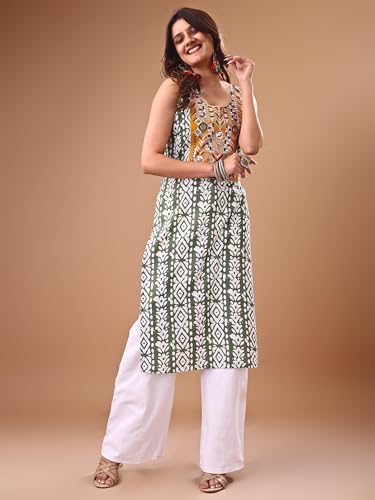 Image of EthnicJunction Women's Cotton Blend Straight Fit Straight Embroidered Batik Print Shoulder Straps Kurta | Navratri Special Kurta