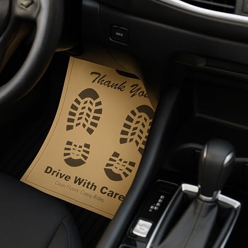 Image of disposable car Floor Paper Mats (pack of 100) | Disposable Thank You foot paper sheets (17x23 Inch) - Oil & Dirt Resistant Protection leg paper mats for Detailing & Car Wash
